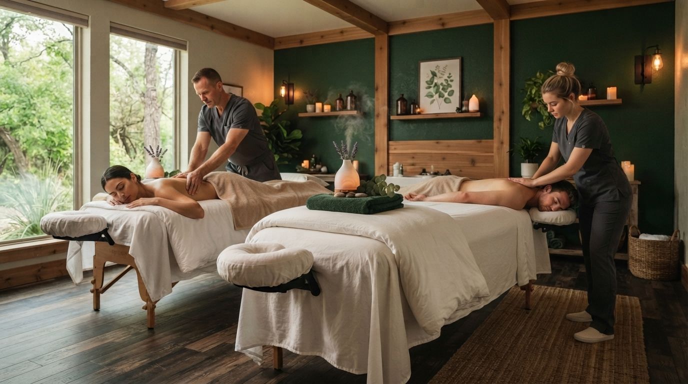 Massage therapy room with two people receiving massages on tables in a warm, green-walled spa