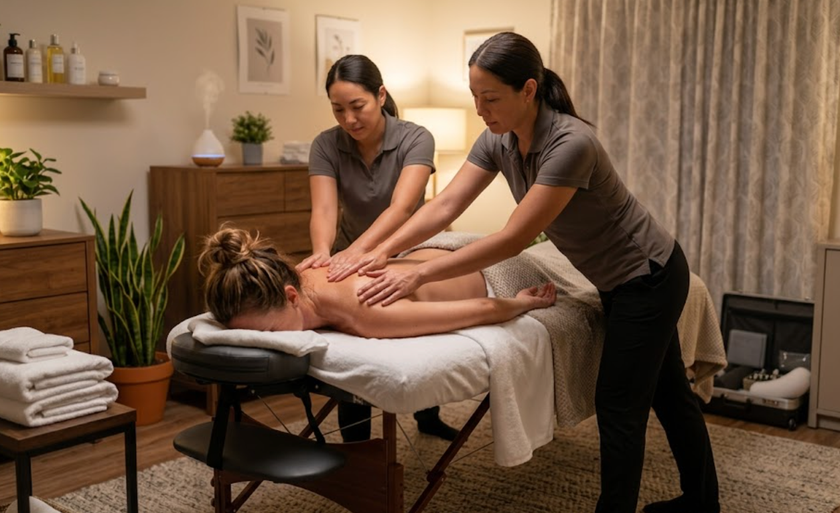 Two massage therapists giving a back massage to a client in a cozy spa room