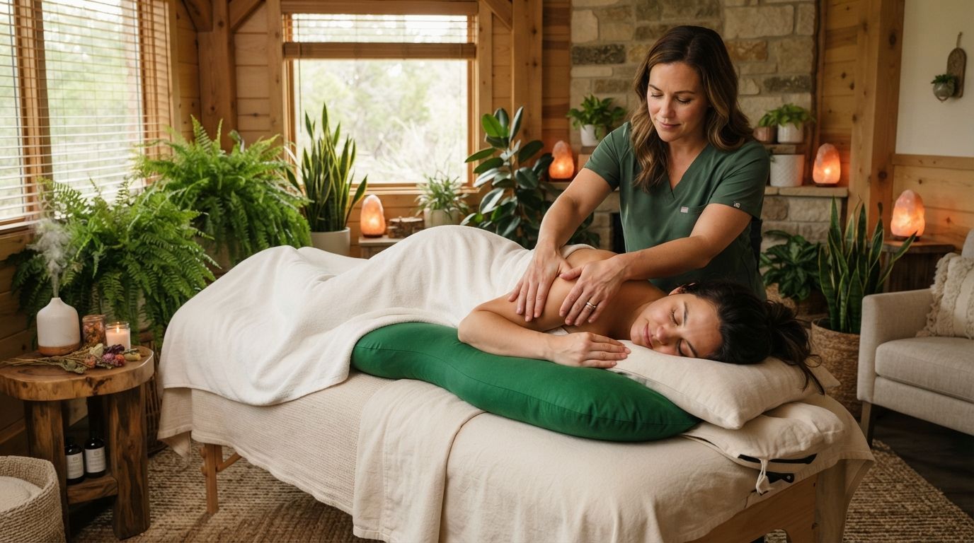 Massage therapist giving a back massage to a client on a table in a cozy spa room