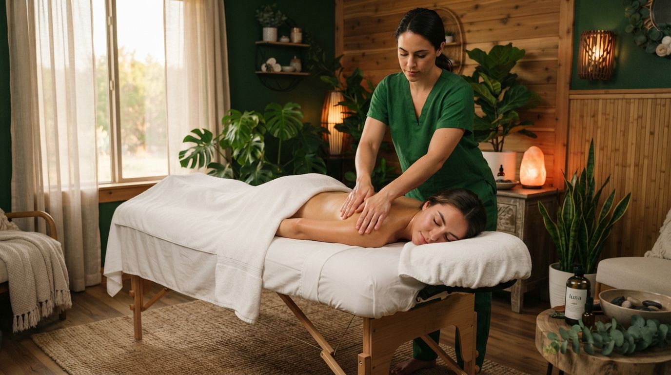 Massage therapist working on a client on a table in a calm spa room