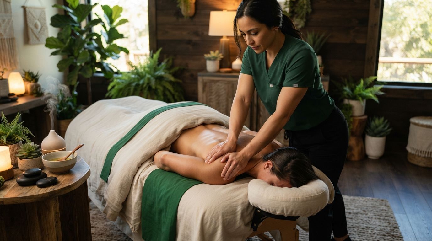 Massage therapist working on a client on a table in a cozy spa room with plants and candles