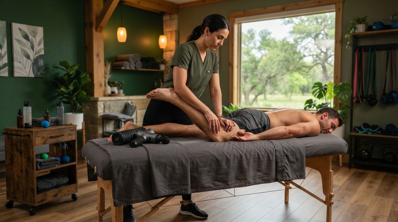Massage therapist working on a client's back in a cozy room with a large window and green curtains