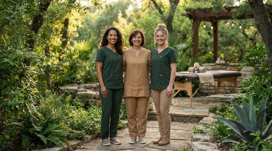Three people standing in a lush garden, wearing green and tan outfits, smiling near a stone patio.