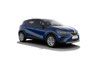 Una renault captur blu è raffigurata su uno sfondo bianco.