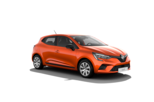 Una renault clio arancione è raffigurata su uno sfondo bianco.