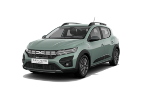 Una dacia sandero verde è raffigurata su uno sfondo bianco.