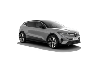 Una foto in bianco e nero di un'auto elettrica Renault Megane su uno sfondo bianco.