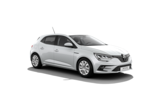 Una renault megane hatchback bianca è raffigurata su uno sfondo bianco.