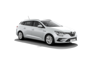 Una renault megane station wagon bianca è raffigurata su uno sfondo bianco.