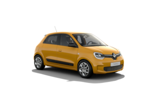 Una Renault Twingo gialla è raffigurata su uno sfondo bianco.