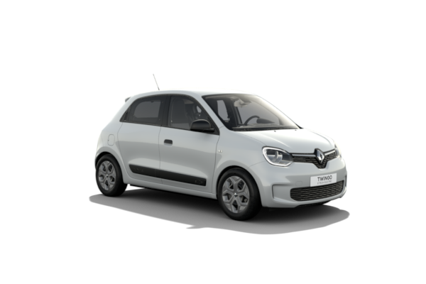 Una renault twingo bianca è raffigurata su uno sfondo bianco.
