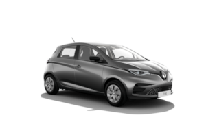 Una piccola automobile grigia è parcheggiata su uno sfondo bianco.