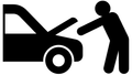 Black silhouette of a person pushing a car with the hood raised, symbolizing a breakdown.