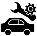 Black car with wrench and gear, symbolizing auto repair or maintenance