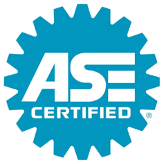 Blue ASE Certified logo with white text inside a gear-shaped seal