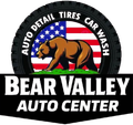 Bear Valley Auto Center logo with bear, U.S. flag, and text for auto detail, tires, and car wash