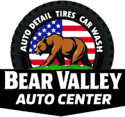 Bear Valley Auto Center logo with bear, U.S. flag, and text for auto detail, tires, and car wash