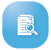 White document and magnifying glass icon on blue background.