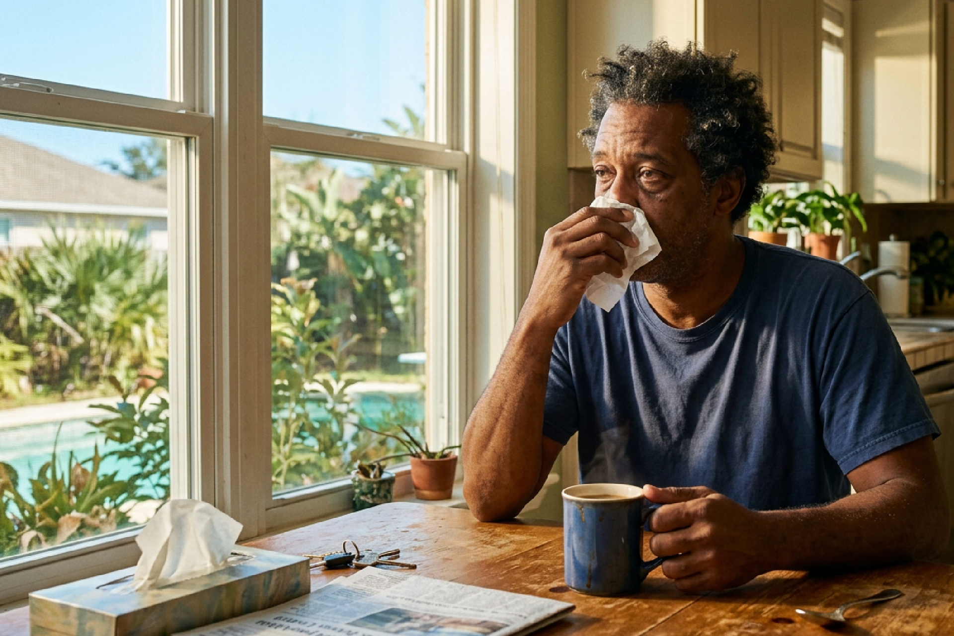 Man with seasonal allergy symptoms at home in Florida during allergy season