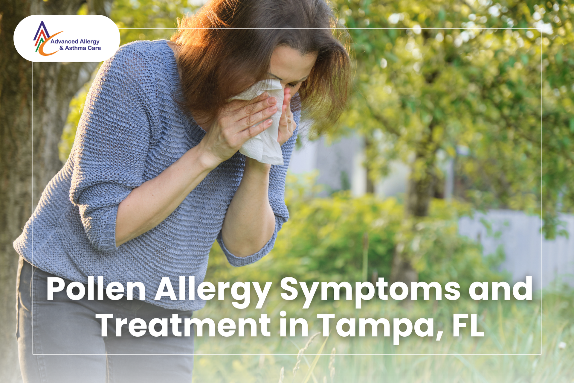 A woman suffering from allergies outdoors sneezes into a tissue during allergy season in Florida.