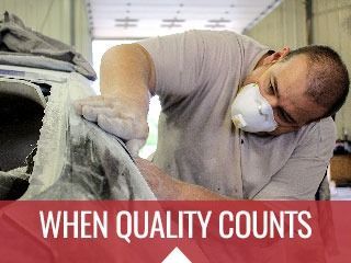 Worker in mask cleaning equipment in a bright room, with banner reading “WHEN QUALITY COUNTS”