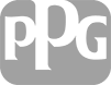 White “PPG” letters on a rounded gray square logo