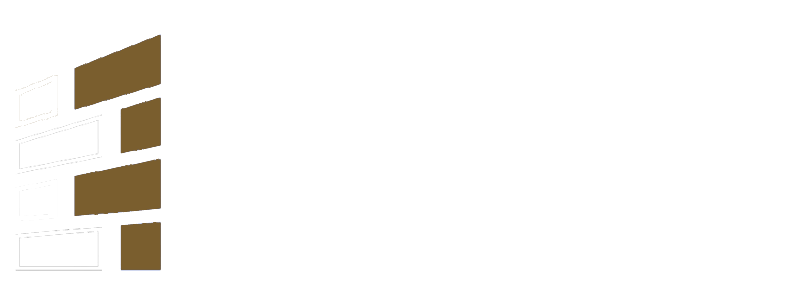 A brown and white logo on a white background.