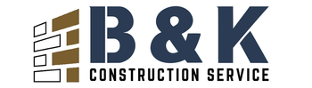 The logo for b & k construction service is blue and brown.