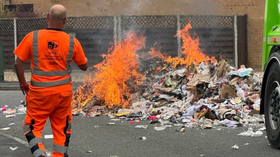 There were 216 battery-related fires in bin lorries in the year to March 2026, alongside 1,518 fires reported across its members' waste and recycling operations Elvington Road, Lincoln - Bin fire caused by lithium batteries - 9th September 2026