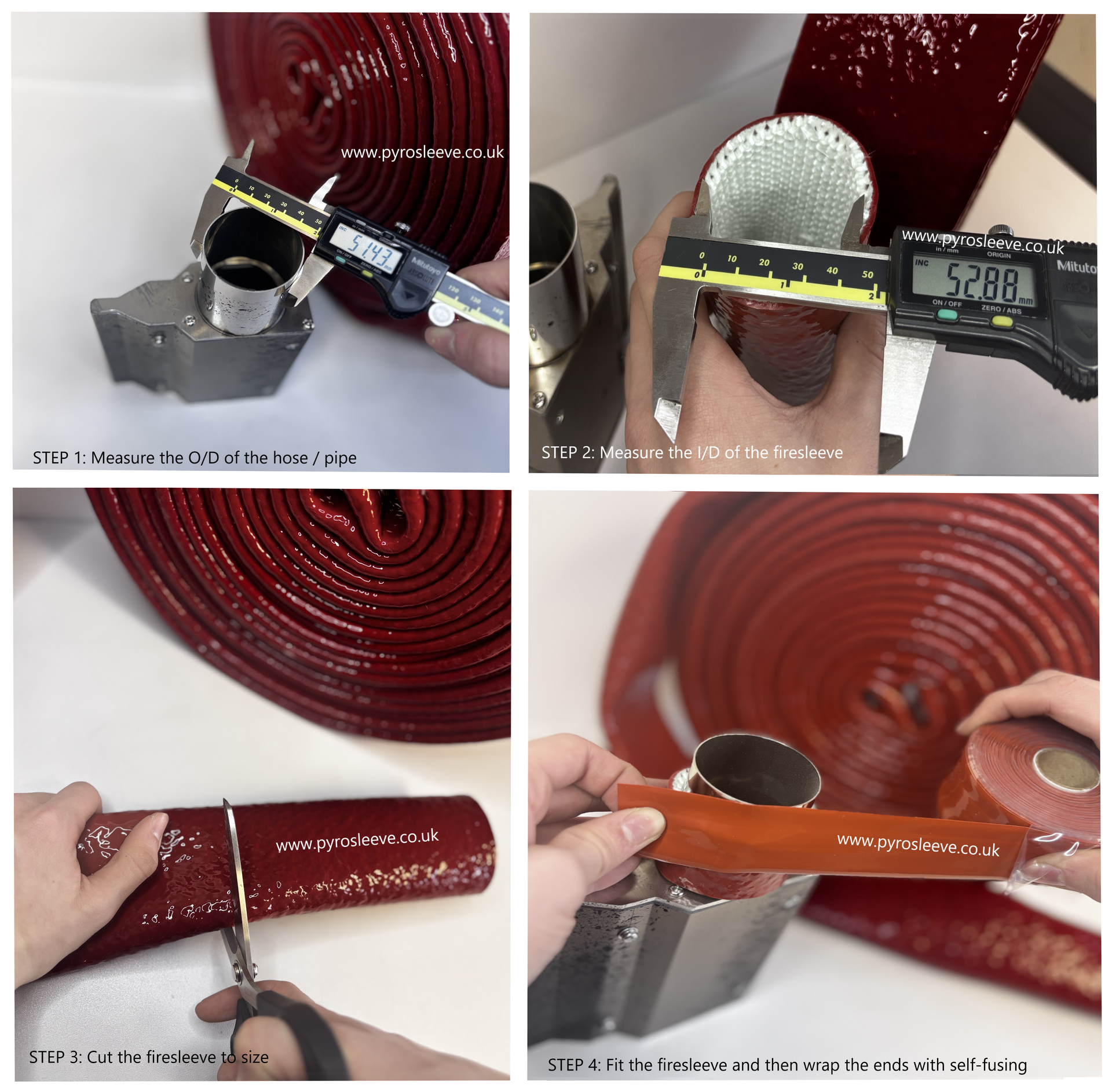 Hands measuring and cutting firesleeve in four close-up steps
