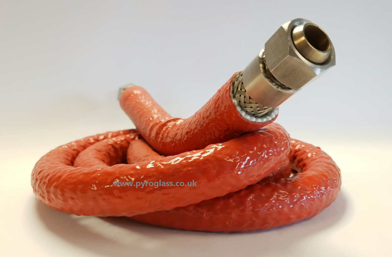Product photo of a Firesleeve fitted to hydraulic hose courtesy of Pyroglass Ltd