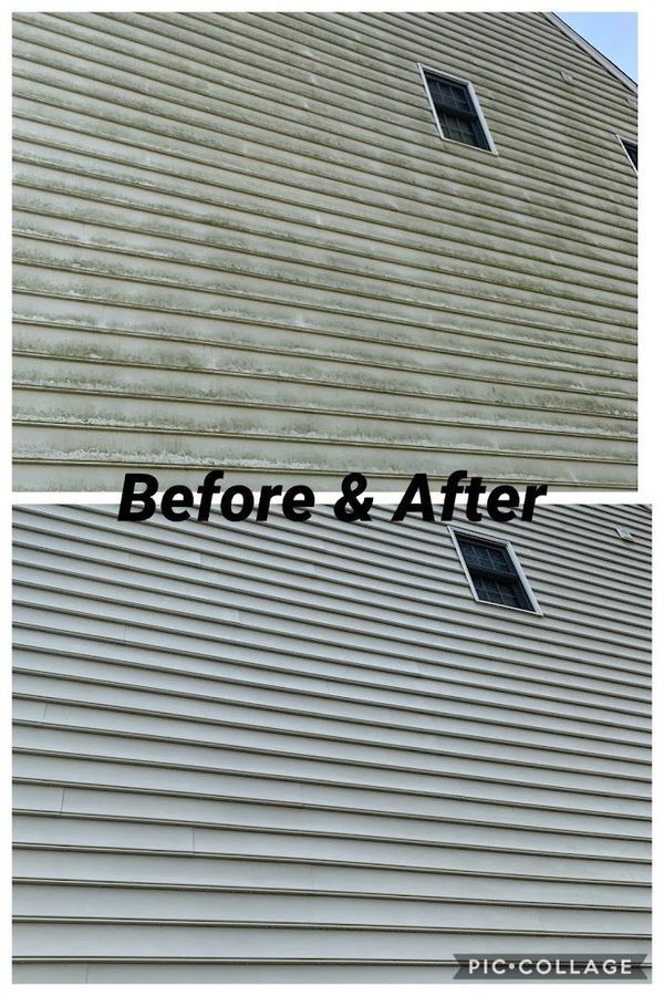 Before-and-after collage of a house roof being cleaned, showing dirty siding above and cleaner siding below.