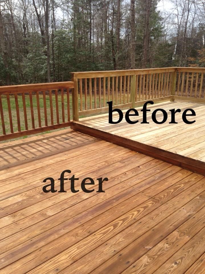 Wooden deck railing and floor stained darker, labeled “before” and “after” in a wooded backyard