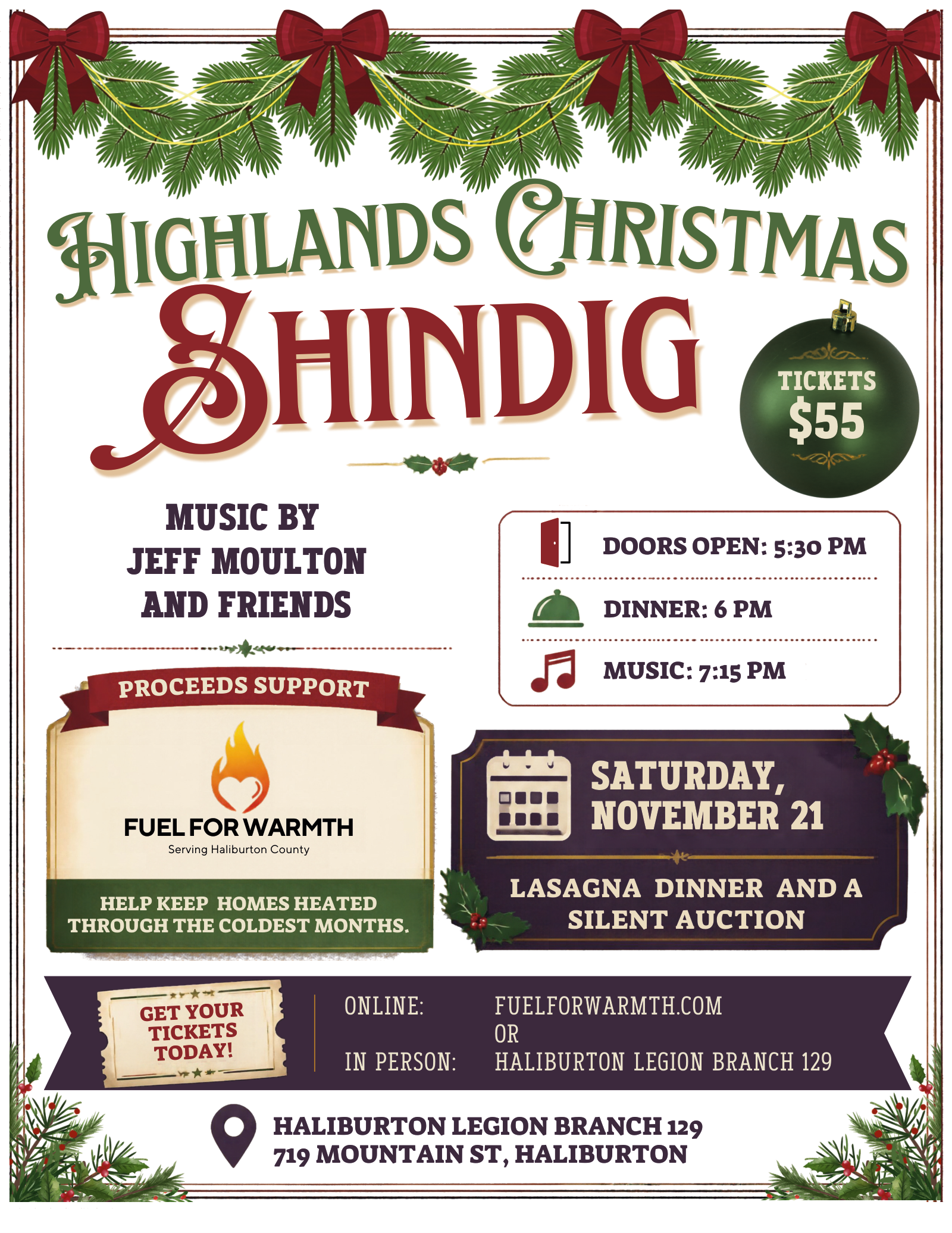 Poster for the Highlands Christmas Shindig: Saturday, November 21 at Haliburton Legion Branch 129, 719 Mountain St, Haliburton. Music by Jeff Moulton and Friends, lasagna dinner and silent auction. Doors 5:30 PM, dinner 6 PM, music 7:15 PM. Tickets $55. Proceeds support Fuel for Warmth.