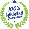 100% satisfaction guaranteed badge with blue text and green laurel wreath