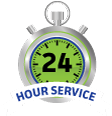 24-hour service stopwatch icon with green center and blue “HOUR SERVICE” text
