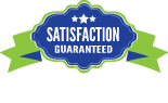 Blue and green ribbon badge reading “SATISFACTION GUARANTEED” with a white starburst center