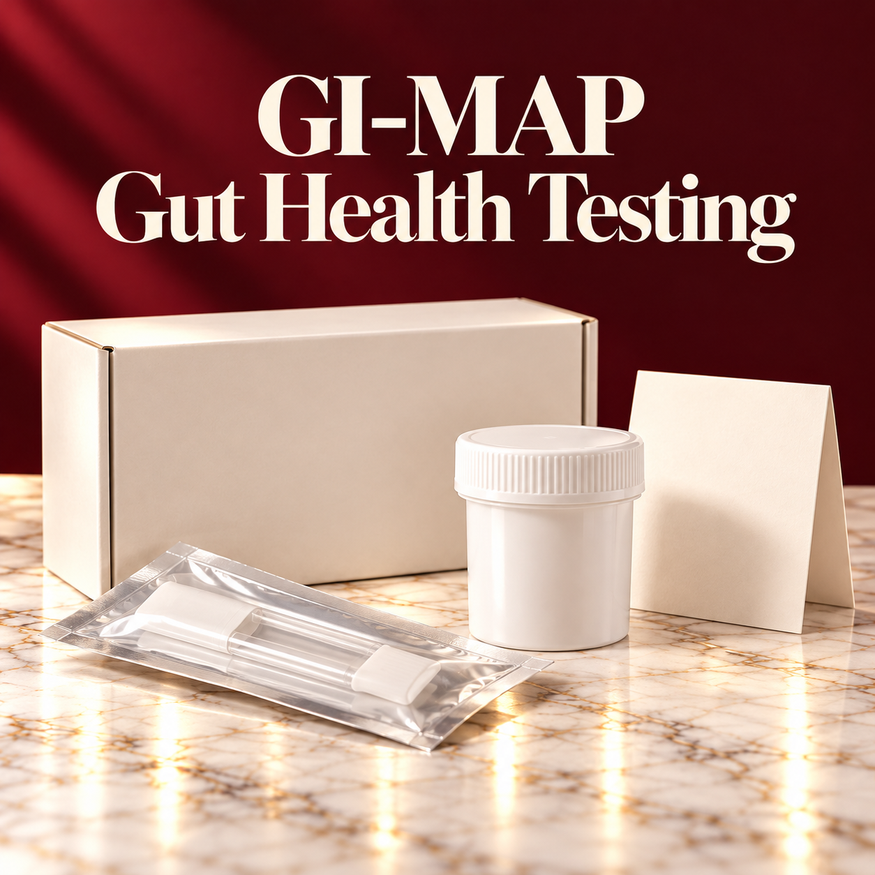 GI-MAP gut health testing kit with boxes, sample tube, and swab on a marble surface