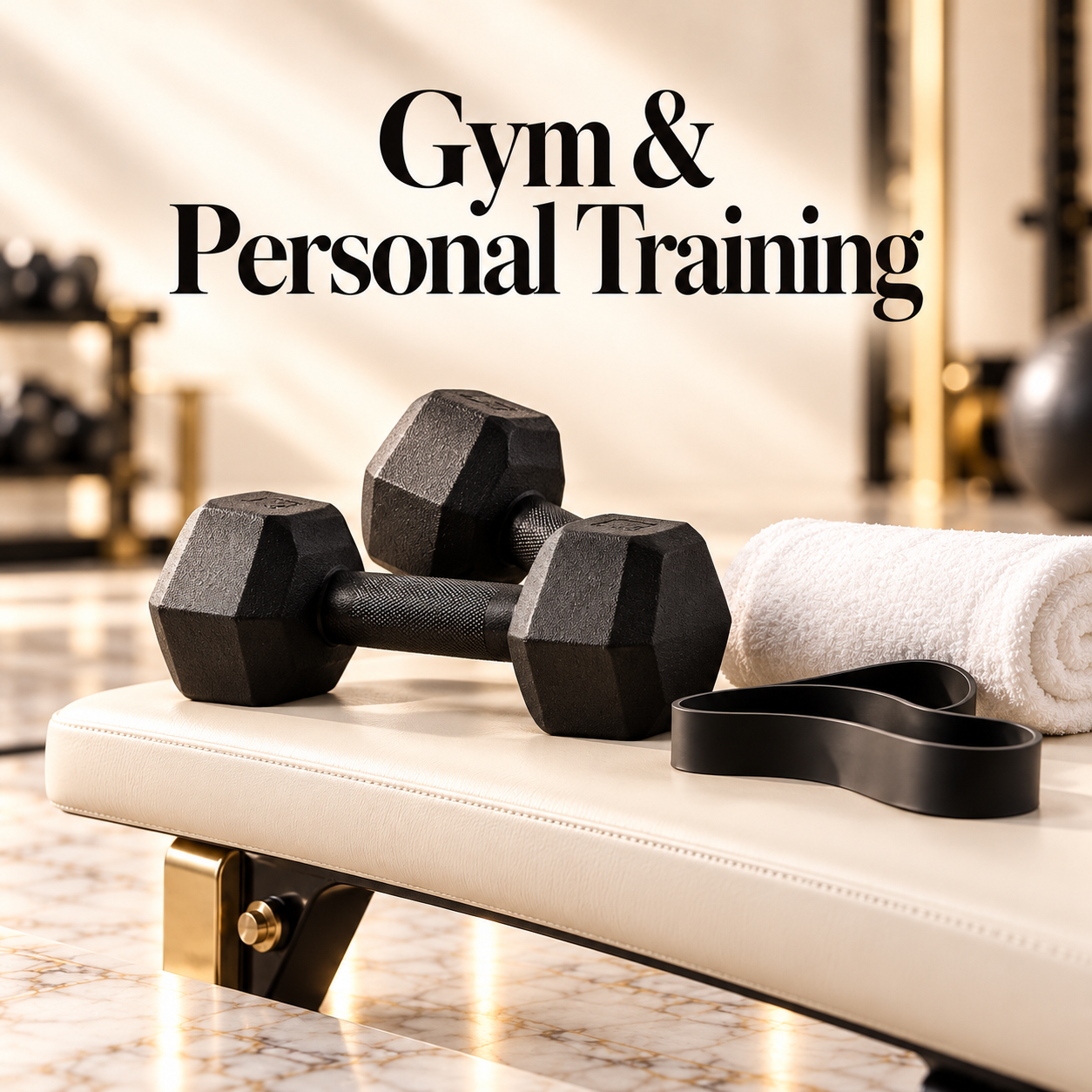 Gym and personal training ad with dumbbells and towel on a bench in a bright fitness studio