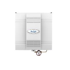 A white air purifier is sitting on a white surface.