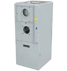 A white furnace with two holes in it is sitting on a white surface.