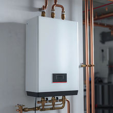 A white box with copper pipes attached to it