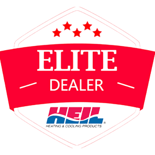 A logo for an elite dealer for heil heating and cooling products