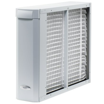 A white air filter is sitting on a white surface.