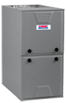 A gray furnace is sitting on top of a white surface.