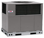A gray air conditioner is sitting on top of a pallet on a white background.