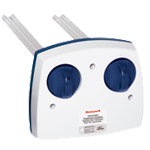 A white and blue remote control with two buttons on a white background.