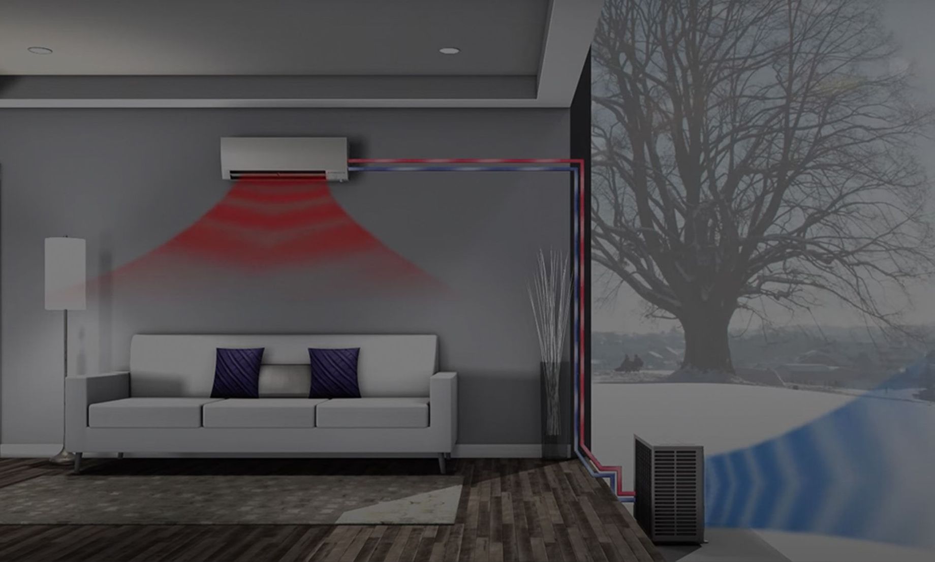 A living room with a couch and a air conditioner on the wall.
