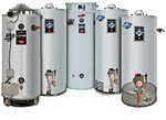 A group of water heaters sitting next to each other on a white background.