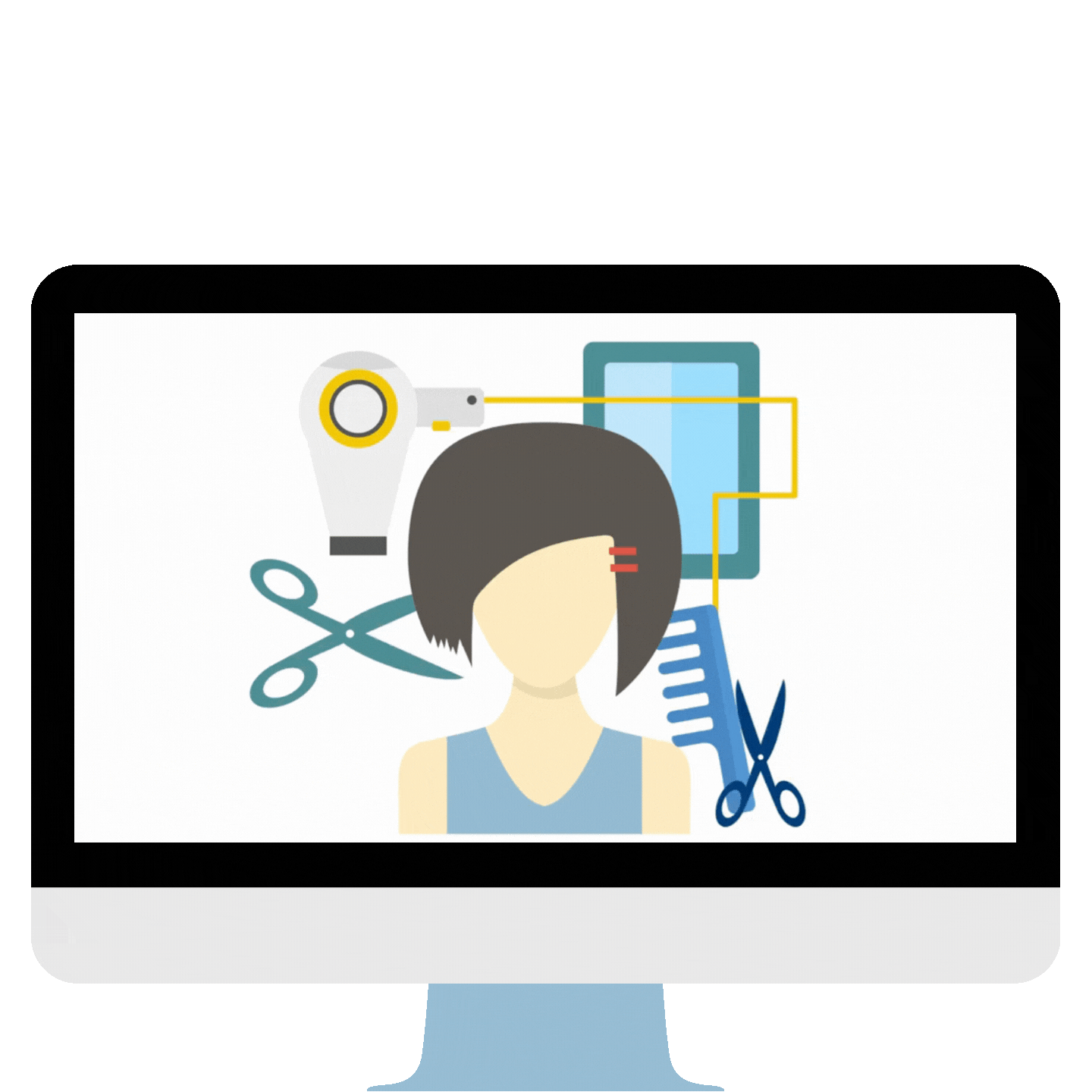 computer screen with animated image of girl getting a haircut